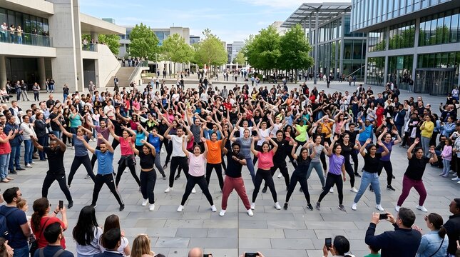Large group of diverse people performing a flash mob dance in an urban plaza