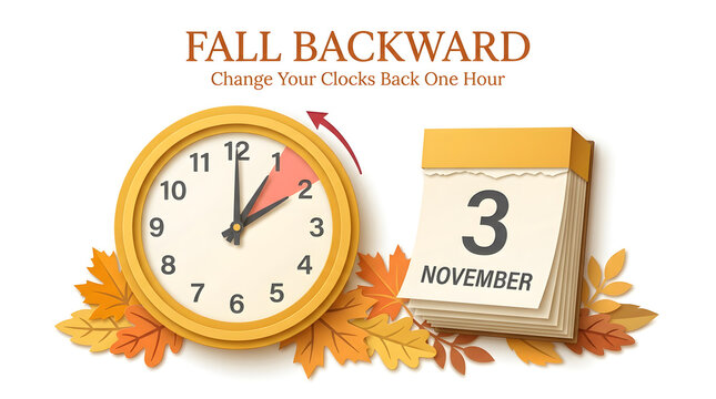 Fall backward daylight saving time concept featuring clock and november calendar on white background