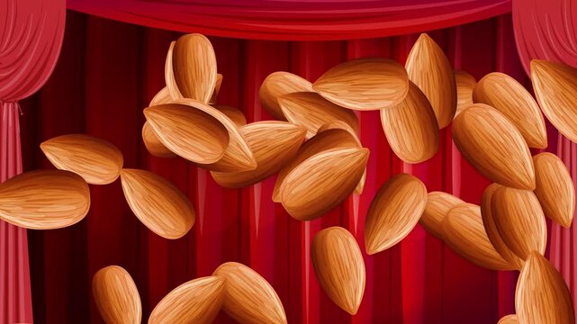 Animated Almonds Falling Against a Red Theater Curtain Background