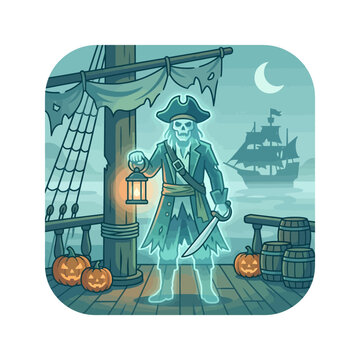 Ghostly pirate with lantern and sword on deck, spooky Halloween scene with ship silhouette and pumpkins, isolated transparent background