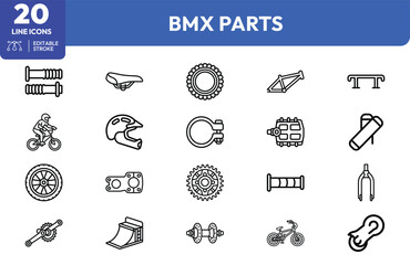 Fototapeta premium Components bike, wheel, chain, handlebar, frame, ramp, peg, grip, stunt, cycling. Editable stroke. Vector illustration.