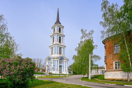 Tall bell tower of St. Nicholas Church on Red Square in Venyov, Tula region of Russia