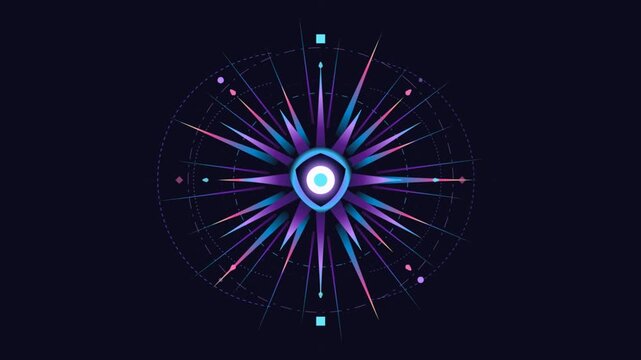 Cybersecurity shield icon animation with glowing neon starburst and sci-fi HUD target lines, data protection technology motion graphic on dark background