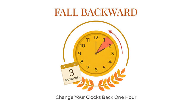 Fall backward daylight saving time concept with yellow clock and laurel wreath on white background