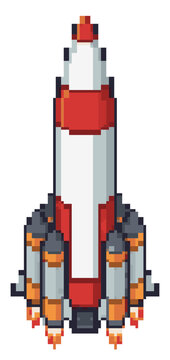 Pixel art illustration of a rocket with multiple boosters and flames