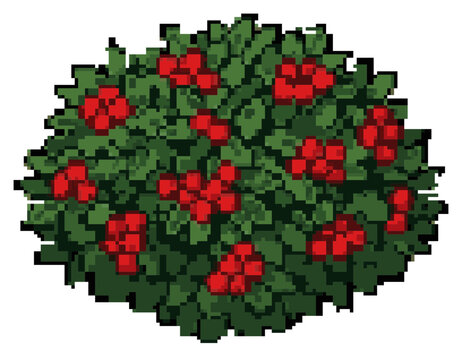 Pixel art illustration of green bush with red flowers