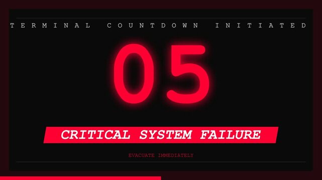 Cinematic digital countdown timer with glowing red numbers, "CRITICAL SYSTEM FAILURE" alert, and "EVACUATE IMMEDIATELY" warning, symbolizing urgency, danger, and impending system collapse