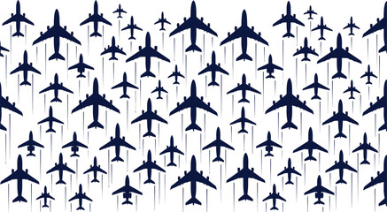 Fototapeta premium Airplane silhouettes pattern vector illustration with flying aircraft and speed trails background concept