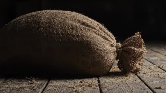 Cinematic 4K  Tied Burlap Sack with Mysterious Movement and Dust Particles on Rustic Wooden Floor in Dark Moody Room