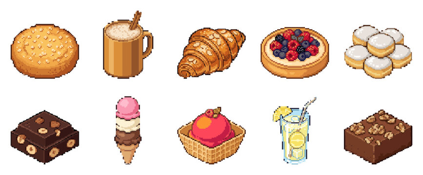 Pixel art collection of sweet desserts  pastries  ice cream  and bever
