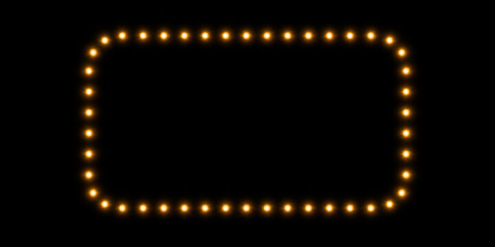 Glow golden light border with rounded rectangular bulbs, on transparent background
