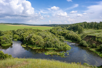 Fototapeta premium Summer landscape of the Krasivaya Mecha River from Ishutinskaya Mountain, Tula region of Russia