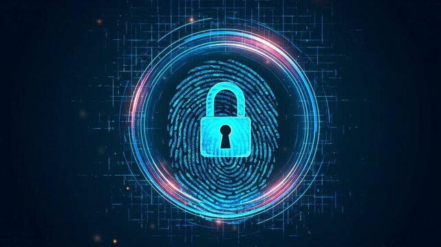 Futuristic cybersecurity concept featuring a glowing fingerprint and padlock surrounded by digital interface elements. 