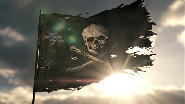 Ripped, torn, grunge, old cloth with a pirate skull flag flying in the wind, a calico jack pirate sign in a cloudy sky with light from the sun, a dark, enigmatic style, a hacker, and a robber