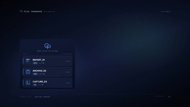 File transfer interface uploading three files as particles into a cloud sync panel