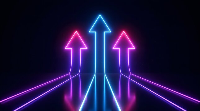 Abstract background featuring three glowing neon arrows pointing upwards representing business growth success progress development and forward movement on a dark reflective