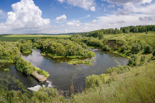 Aerial view of the rapids of the Krasivaya Mecha River near Ishutinskaya Mountain, Tula region of Russia