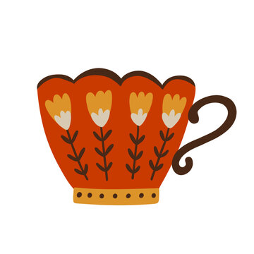 Decorative red cup with floral ornament, scalloped rim and curved brown handle. Hand drawn colorful kitchen tableware illustration with stylized flowers, isolated on white background.