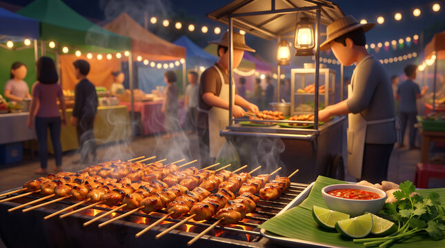 3D illustration of grilling chicken satay skewers at Thai night street market