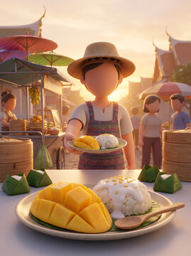 3D illustration of Thai food vendor offering mango sticky rice plate at market