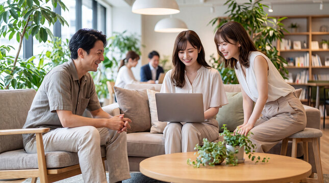 観葉植物のあるオフィスでノートPCを覗き込み和やかに話す男女3人（打ち合わせ・チームワーク・フリーアドレス）