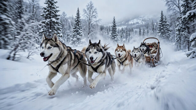 Husky sled dog team running in snowy forest