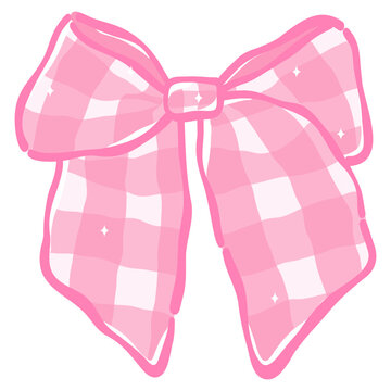 Cute Pink Gingham Ribbon Bow Vector Clipart Hand Drawn Plaid Ribbon Element for Girls Party and Baby Shower