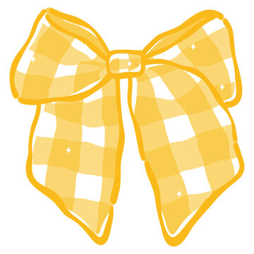 Cute Yellow Gingham Ribbon Bow Vector Clipart Hand Drawn Plaid Ribbon Element for Birthday and Craft