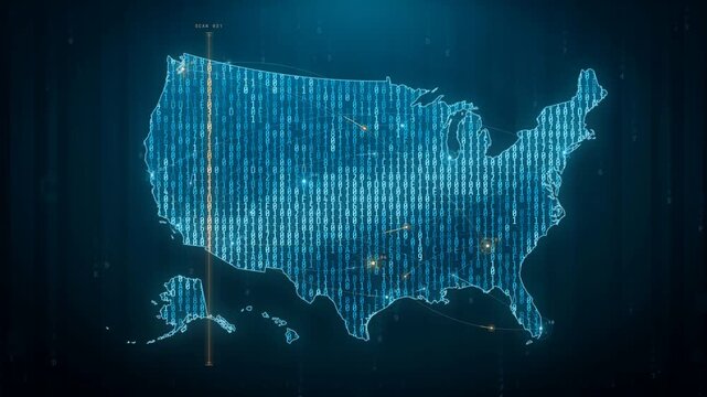 Glowing digital map of the United States built from binary code with a vertical scan line