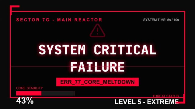 Cinematic digital interface displaying critical system failure with glowing text, animated progress bar, and error code, symbolizing danger, technological malfunction, and impending crisis