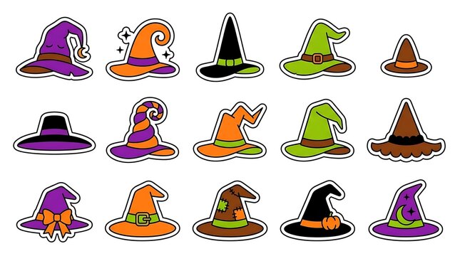 Set of colorful cartoon witch hats for halloween celebration isolated on a white background for festive design