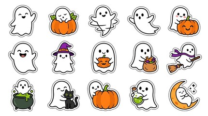 Fototapeta premium Set of cute hand drawn ghost characters for halloween celebration with pumpkins and festive holiday elements