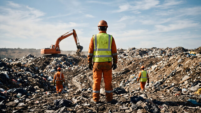 Sanitation workers standing in a massive landfill with excavator working in the background