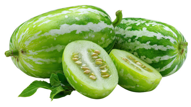 Fresh green striped pointed gourd parwal whole and sliced showing seeds with mint leaves closeup macro healthy vegetable isolated on white background