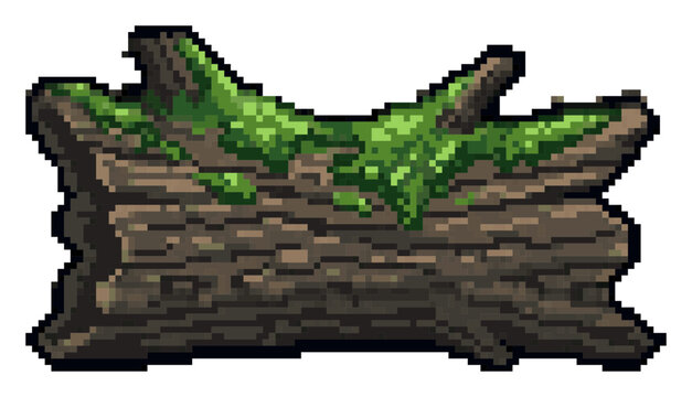 Pixel art vector illustration of a tree log with green moss