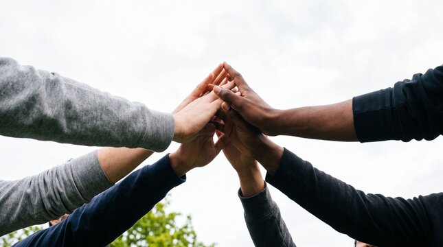Diverse Team Unity and Collaboration Group of People Joining Hands Together Outdoors Against Sky in a Show of Success and Partnership