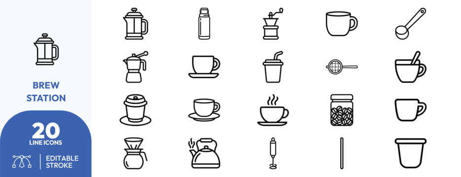Brewing station grers, pour-over drippers, mugs, spoons, scales, milk frothers. Editable stroke. Vector illustration.