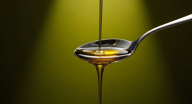 Golden olive oil pouring into a metal spoon against a dark green background for culinary concepts