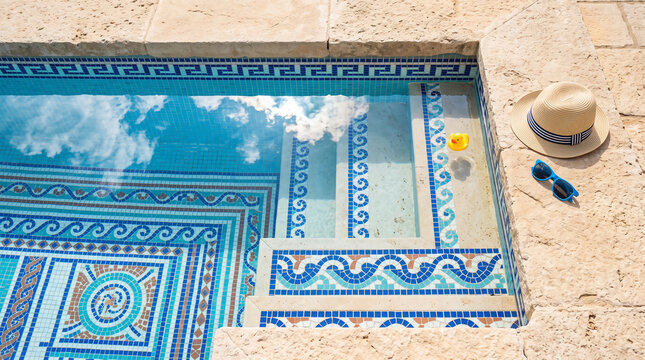 Ornate blue mosaic swimming pool with Greek patterns and summer accessories