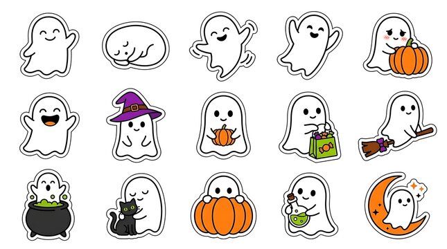 Set of cute hand drawn ghosts for halloween celebration with pumpkins and festive holiday elements