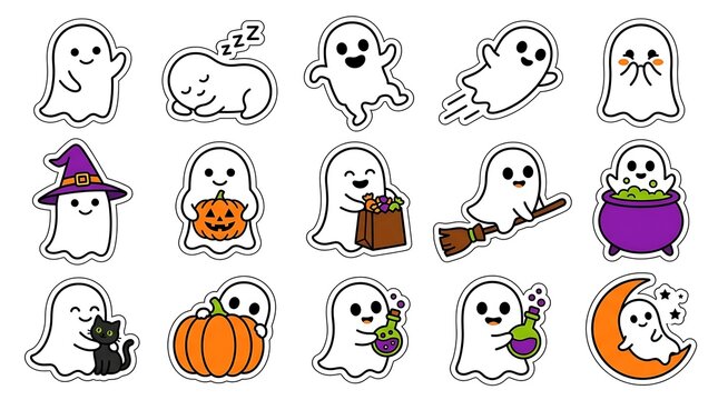 Collection of cute cartoon ghosts with halloween elements like pumpkins witch hats and brooms for holiday design