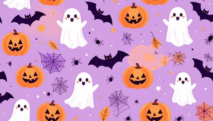 Fototapeta premium ハロウィーン背景パターン、かわいいオバケとかぼちゃとコウモリ、シームレスデザイン