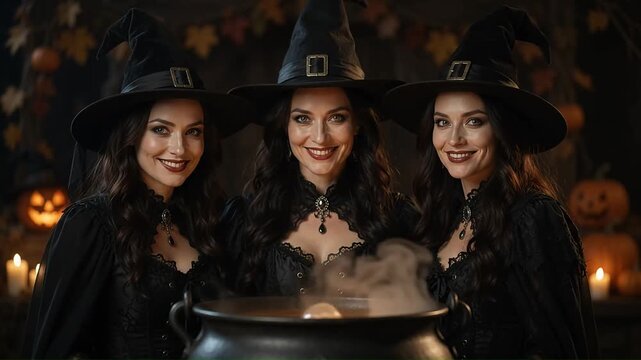 Three beautiful women dressed as witches standing behind a smoking cauldron