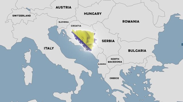 4K animation of a map of the Balkans with Bosnia and Herzegovina highlighted in the colors of the Bosnian national flag.