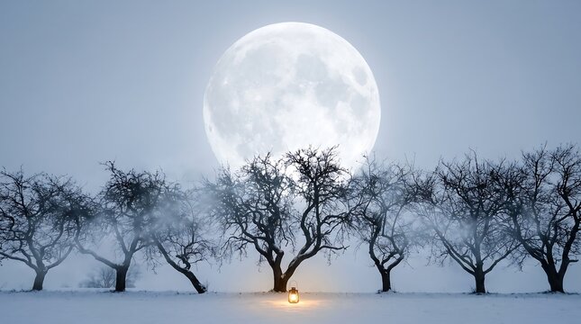 Full moon over a snowy orchard with a glowing lantern in a winter night landscape