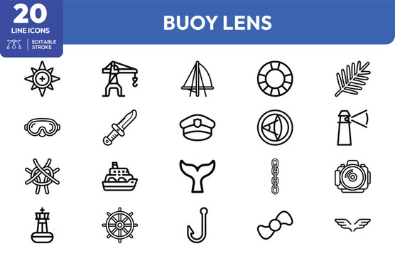 Maritime safety lighthouse, buoy, life-ring, anchor, dress-flare, binoculars, fishing-hook, ship, whale, rescue-helmet, life-vest, chain, spotlight, ship-wheel. Editable stroke. Vector illustration.