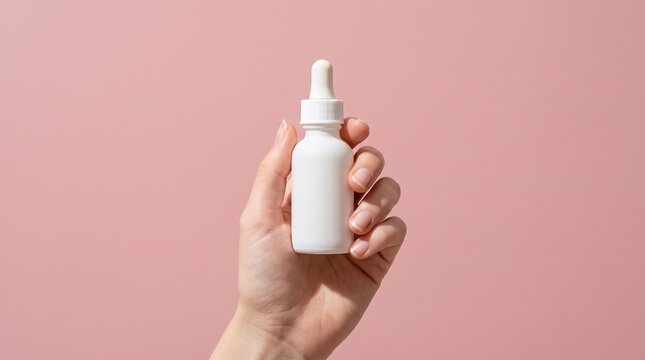 Female hand holding small white cosmetic dropper bottle for skincare serum in bright studio lighting