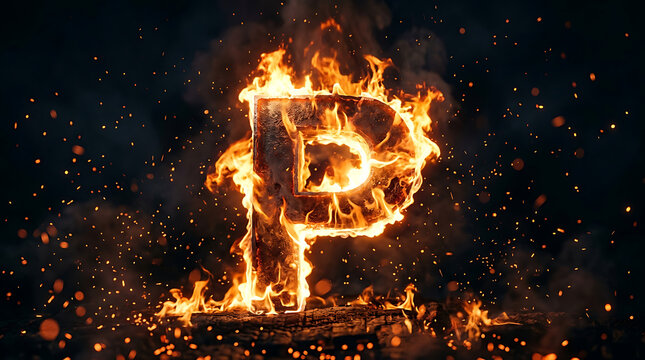Uppercase letter P engulfed in intense flames and smoke with embers flying against a dark setting
