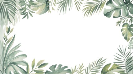 Fototapeta premium Watercolor tropical plant frame featuring exotic monstera palm leaves for elegant wedding invitations and decorative stationery