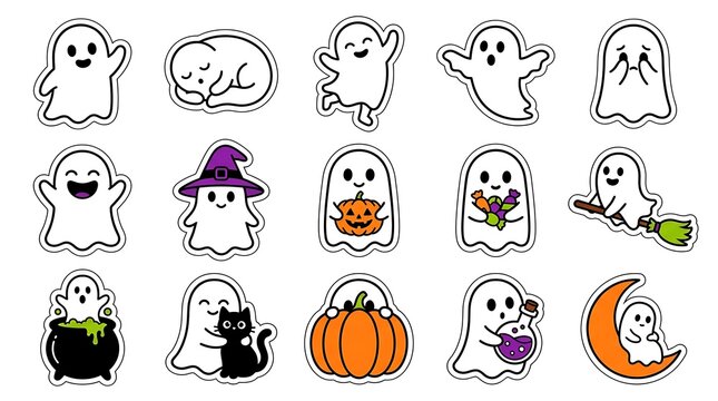 Set of cute cartoon ghost stickers for halloween featuring pumpkins cats and magical elements on white background